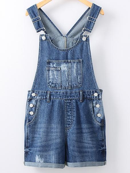 Shein Blue Pockets Buttons Denim Straps Romper