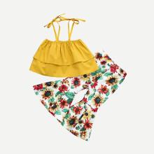 Shein Girls Ruffle Trim Cami Top With Sunflower Print Flounce Pants