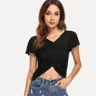 Shein Twist Up V-neck Solid Tee