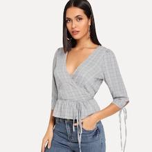 Shein Wrap Neck Peplum Plaid Blouse