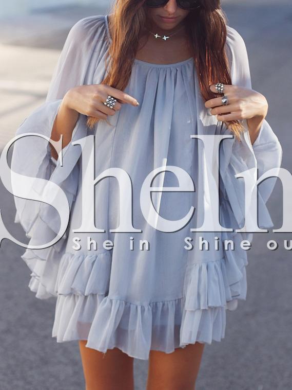 Shein Grey Puffball Long Sleeve Ruffle Battenburg Frills Layer Babydoll Dress