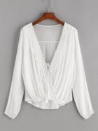 Shein White Contrast Crochet Twisted Drape Front Tassel Tie Blouse