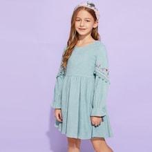 Shein Girls Pompom Trim Embroidered Corduroy Dress