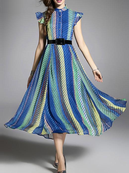 Shein Blue Color Block Ruffle Sleeve Belted Dress