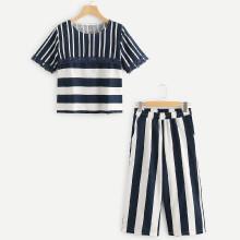 Shein Lace Contrast Stripe Top & Wide Leg Pants