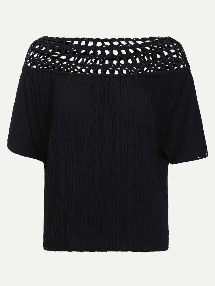 Shein Boat Neck Hollow Out Pleated Shirt