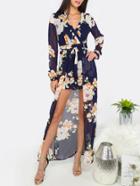 Shein Floral Print V Neck Tie Waist Jumpsuit