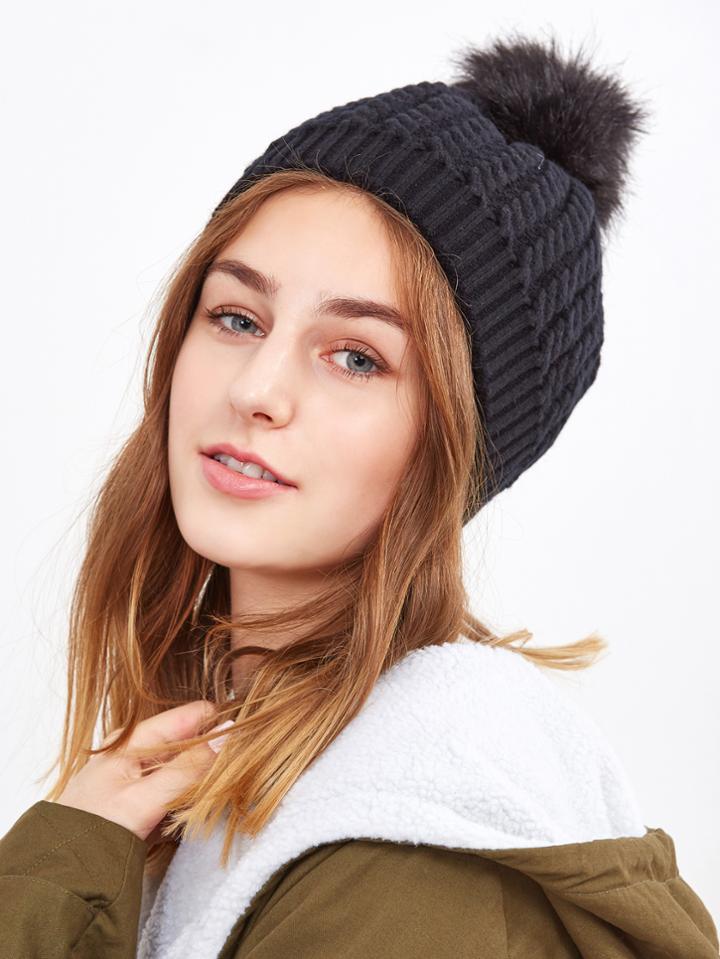 Shein Black Ribbed Pom Pom Knit Hat