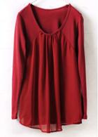 Rosewe Enchanting Long Sleeve Round Neck Wine Red Blouse