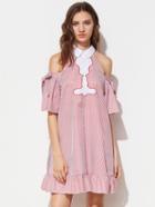 Shein Contrast Collar Bow Open Shoulder Silhouette Embroidery Dress