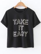 Shein Black Letter Print Rolled Cuff T-shirt