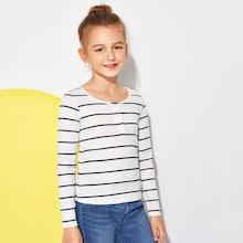 Shein Girls Button Front Striped Rib-knit Tee