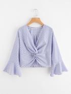 Shein Twist Front Fluted Sleeve Striped Top