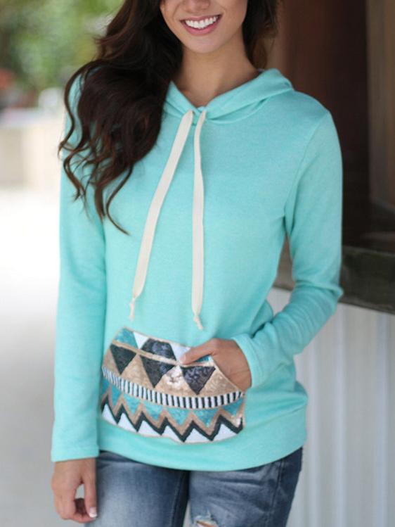 Shein Blue Hooded Sequined Geometric Patterned Sweatshirt