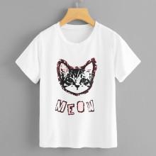 Shein Cat & Letter Print Tee