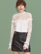 Shein White Sheer Lace Shoulder And Sleeve Ruffle Trim Top