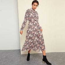 Shein Mock Neck Ruffle Trim Geo Dress