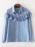 Shein Cat Embroidery Ruffle Design Chambray Blouse