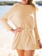 Shein Yellow Long Sleeve Boatneck Drawstring Sweater Dress