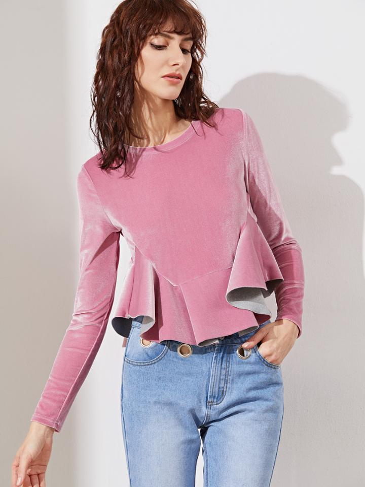 Shein Pink Long Sleeve Velvet Ruffle Hem Top