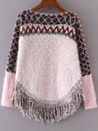 Shein Pink Geometric Pattern Fringe Hem Mohair Cape Sweater