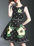 Shein Black Polka Dot Beading Print A-line Dress