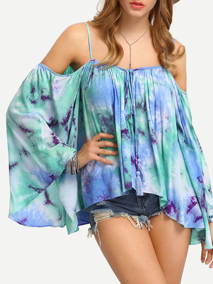 Shein Cold Shoulder Tie-dye Lace Up Shirt