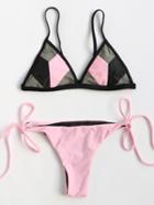Shein Pink Color Block Triangle Side Tie Bikini Set