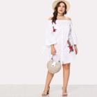 Shein Plus Knot Ruffle Sleeve Embroidery Button Up Dress