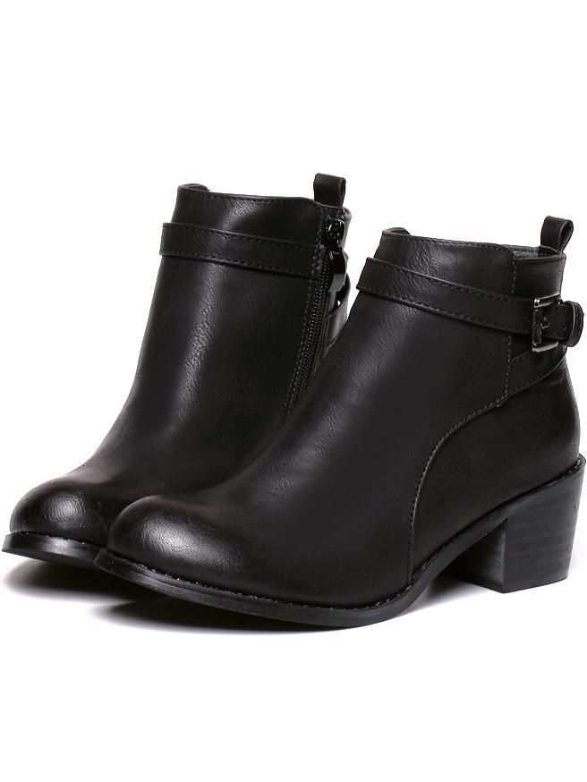 Shein Black Round Toe Buckle Chunky Heel Short Boots