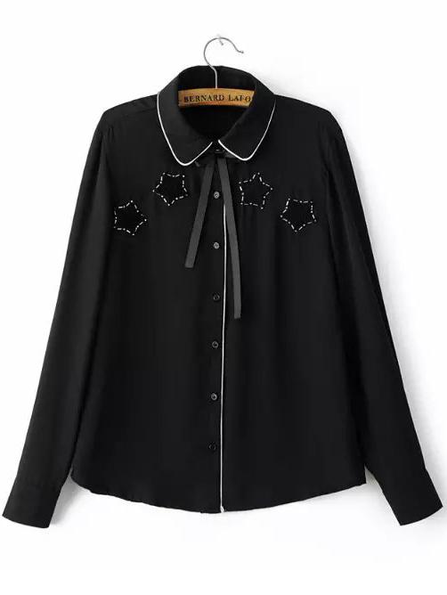 Shein Black Contrast Trims Bow Collar Stars Pattern Blouse