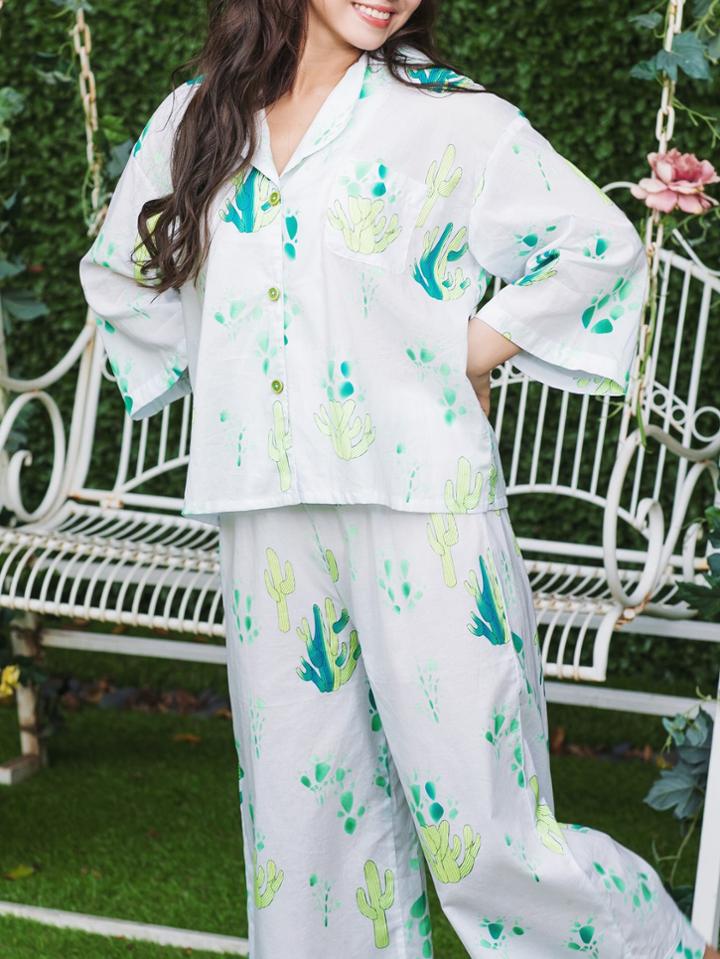 Shein Cactus Print Shirt & Wide Leg Pants Pj Set