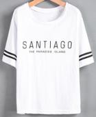 Shein White Striped Short Sleeve Letters Print T-shirt