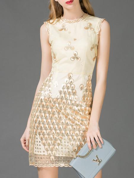 Shein Beige Embroidered Sequined Sheath Dress