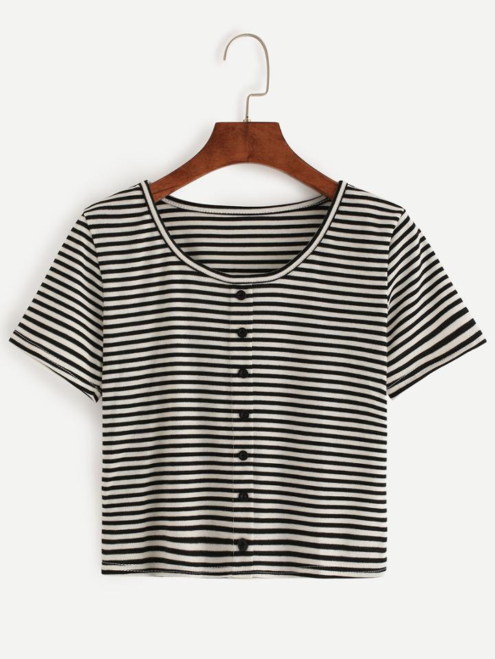 Shein Black White Striped T-shirt With Buttons