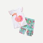 Shein Toddler Girls Flamingo Print Tee With Ruffle Trim Pants