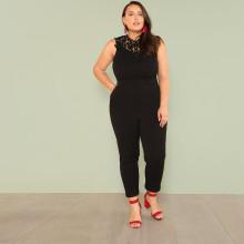Shein Plus Guipure Lace Applique Neck Solid Jumpsuit