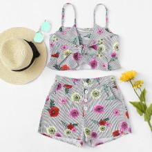 Shein Floral Print Knot Striped Cami Top With Shorts