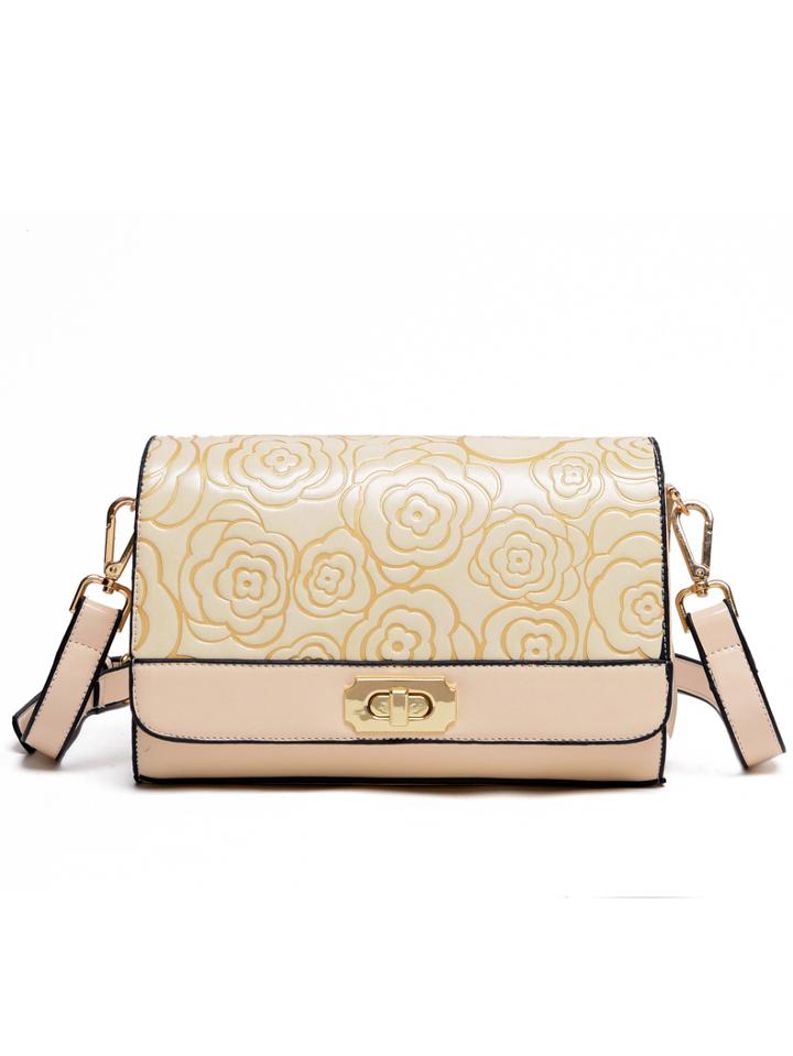 Shein Rose Embossed Turnlock Flap Bag - Beige