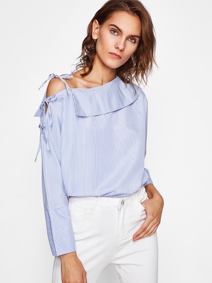 Shein Bow Tie Collared Asymmetric Shoulder Blouse