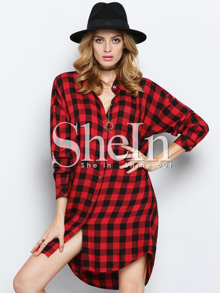 Shein Red Black Lapel Plaid Blouse