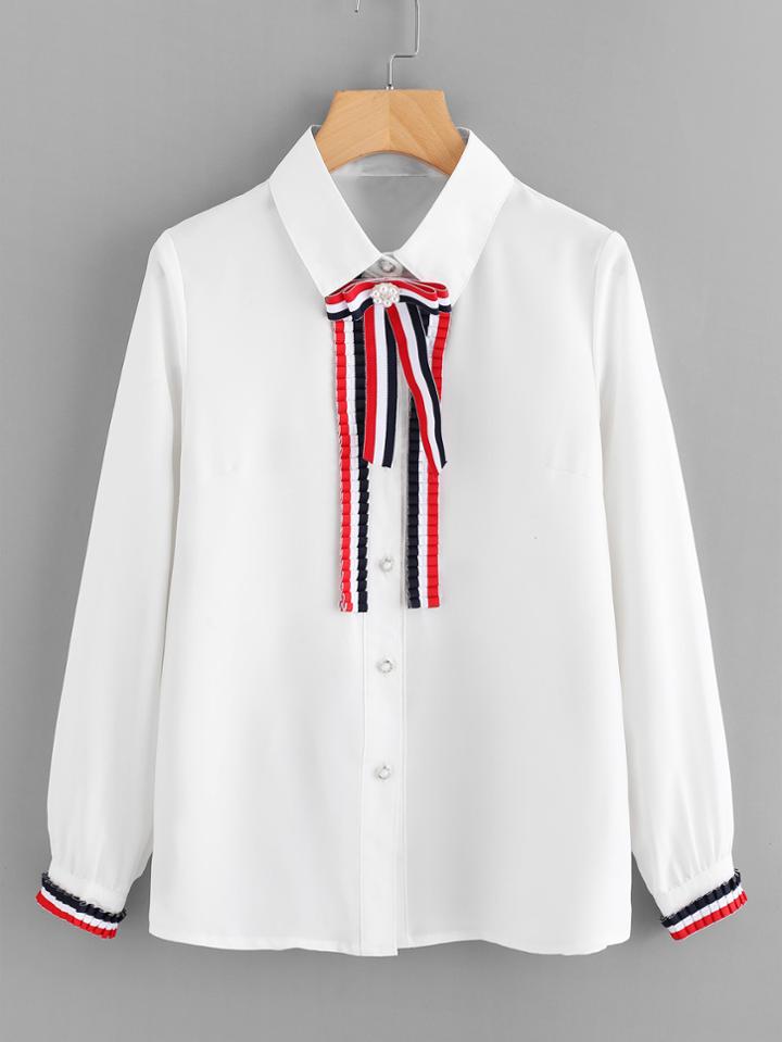 Shein Stripe Tape Detail Frill Trim Shirt