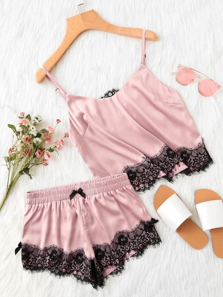 Shein Lace Applique Satin Cami & Shorts Pj Set