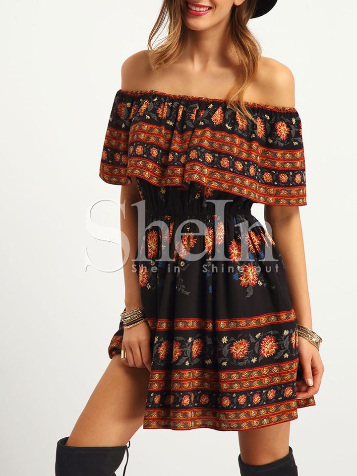 Shein Black Off The Shoulder Vintage Print Dress