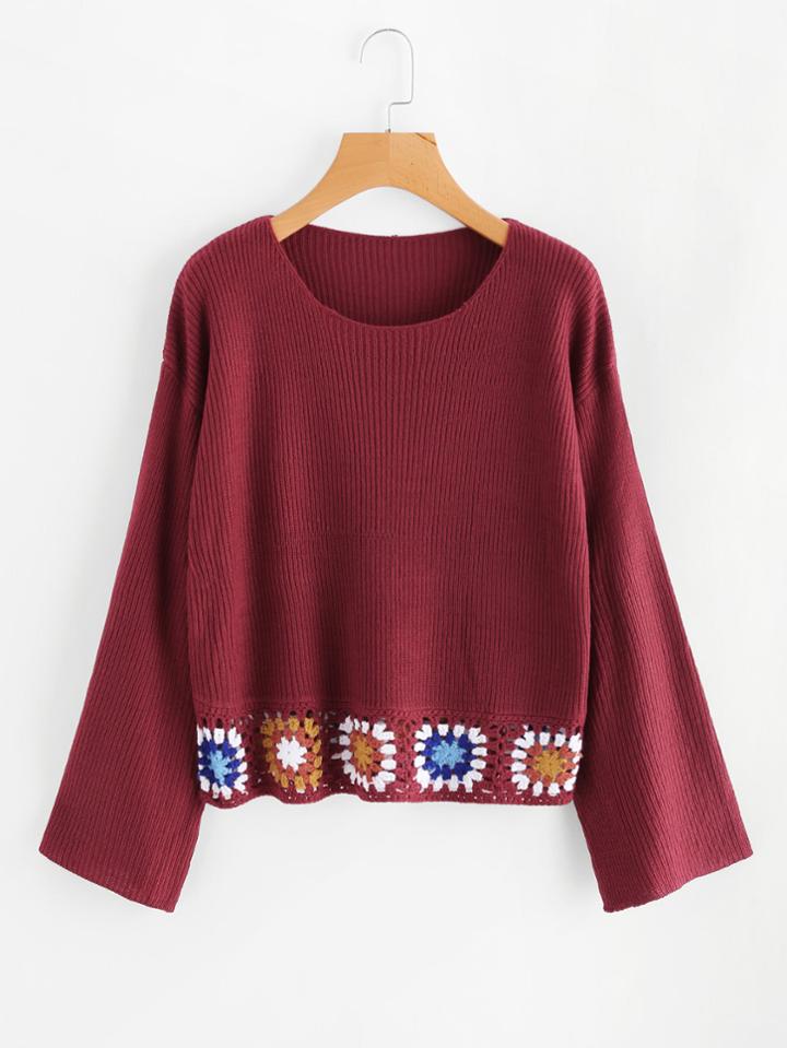 Shein Floral Crochet Hollow Out Hem Sweater