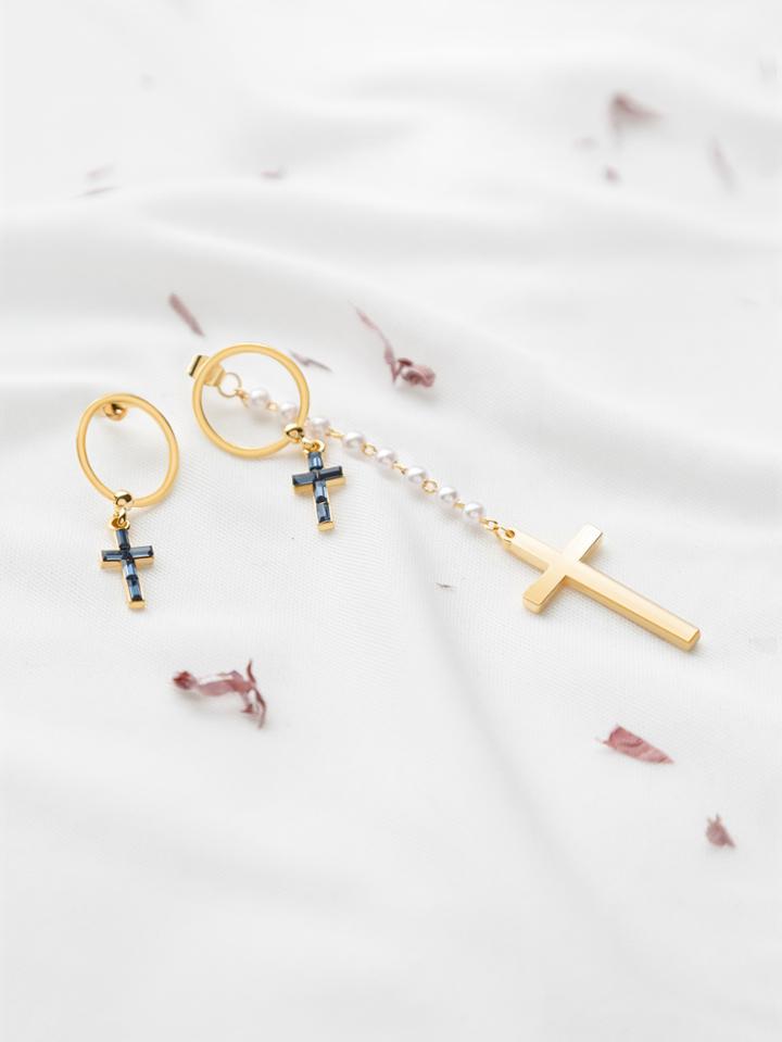 Shein Gold Plated Cross Pendant Faux Pearl Asymmetrical Earrings