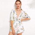 Shein Palm Leaf Print Wrap Romper