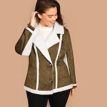 Shein Plus Contrast Faux Shearling Notch Collar Jacket