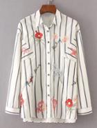 Shein Rose Embroidery Striped High Low Blouse