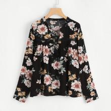 Shein Tassel Tie Neck Lace Insert Botanical Top